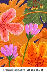 Abstract floral pattern, flowers and leaves shapes colorful hand drawn vector illustration bacckground. Design for wall art, prints, decoration, cards, wallpaper.