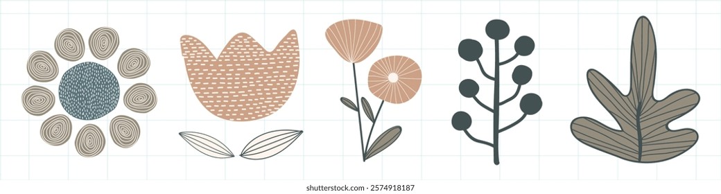 Abstract floral pattern with geometric flowers. Flowers in earthy tones, geometric shapes. Floral design with abstract flowers, earthy colors. Cute hand drawn floral elements, vector set.