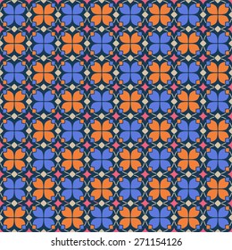 Abstract floral pattern. Geometric seamless pattern in blue, beige and orange colors. Vector