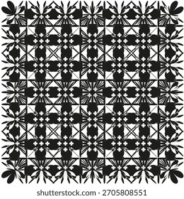 Abstract floral pattern. Geometric tile ornament. Dynamic shape Vector. Black white background.