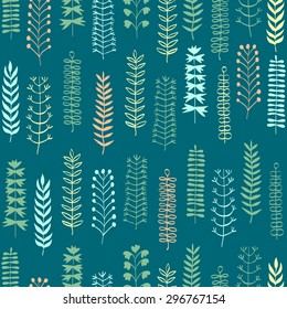 Abstract floral pattern. Hand drawn  Branches on green background. Vector.
