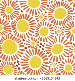 abstract floral pattern with hand-drawn sun-like shapes in warm yellow and orange tones on white background, ideal for textile design, wrapping paper, and summer-themed creative projects