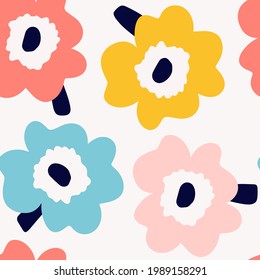 Abstract floral pattern, hand-painted flowers in Scandinavian style on a delicate background. Pastel colors. Vector background. Flowers. For printing, fabric, and postcards. children's illustration.