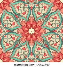 abstract floral pattern with hearts on a light green background. vector illustration 