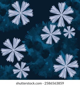 Abstract floral pattern with icy blue starburst flowers on a deep blue background. Geometric petals contrast with dark organic shapes for depth.