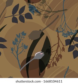 Patrón floral abstracto con hojas, flores y formas geométricas en colores marrones. Patrón vectorial transparente con círculos y plantas. 