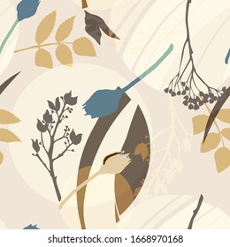 Patrón floral abstracto con hojas, flores y formas geométricas en tonos crema beige claro. Patrón vectorial transparente con círculos y plantas. 
