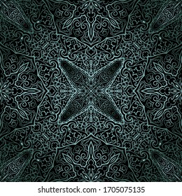 Abstract floral pattern with mandala. Template for textile, carpet, shawl. Rich pearl ornament on a black background. 