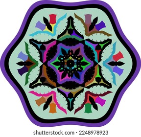 patrón floral abstracto. multicolor aislado en ornamento blanco. colorido caleidoscopio. hexágono. bordado, patrón, impresión. etiqueta, pegatina.