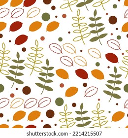 Resumen del patrón floral. Hojas multicolores y puntos de colores otoñales sobre un fondo claro. Patrón veloz.