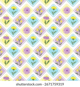 Abstract floral pattern in multi-colored squares for fabric design, apparel design, bedding design and background design for other projects.