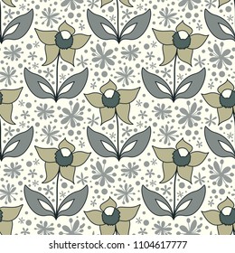 Abstract floral pattern in neutral color, vector seamless ornament with stylized flowers