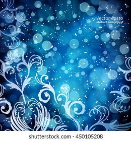 Resumen de patrón floral sobre un fondo azul, hecho de rayos transparentes, estrellas, bokeh. Fantasía mágica tarjeta de diseño de flores.  Ilustración vectorial.