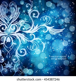Abstraktes Blumenmuster auf blauem Hintergrund, aus transparenten Strahlen, Sternen, Bokeh. Magische Fantasy Blumen Design-Karte.  Vektorgrafik.