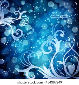 Abstract floral pattern on a blue background, made of transparent rays, stars, bokeh. Magical fantasy flowers design card.  Vector illustration.