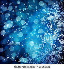 Abstract floral pattern on a blue background, made of transparent rays, stars, bokeh. Magical fantasy flowers design card.  Vector illustration.