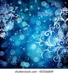 Resumen de patrón floral sobre un fondo azul, hecho de rayos transparentes, estrellas, bokeh. Fantasía mágica tarjeta de diseño de flores.  Ilustración vectorial.