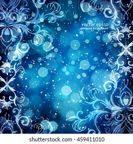 Abstraktes Blumenmuster auf blauem Hintergrund, aus transparenten Strahlen, Sternen, Bokeh. Magische Fantasy Blumen Design-Karte.  Vektorgrafik.