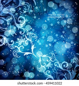 Abstraktes Blumenmuster auf blauem Hintergrund, aus transparenten Strahlen, Sternen, Bokeh. Magische Fantasy Blumen Design-Karte.  Vektorgrafik.