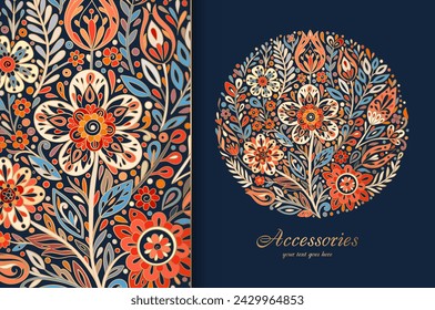 Abstract floral pattern on a dark blue background. Vector ornament. Paisley elements. Great for fabric, invitation, wallpaper, decoration, packaging or any desired idea.