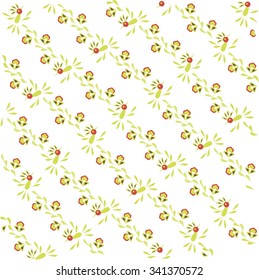 Abstract floral pattern on a diagonal. Light green and brown leaves and birds, red flowers on white, summer. Web design elements, wrapping paper