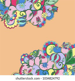 Abstract floral pattern on the edges. Vivid greeting card with flowers. Saturated colors. Summer coloring. Vector drawing for high resolution printing.