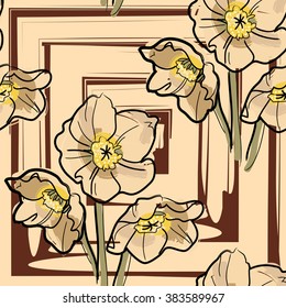 Abstract floral pattern on geometric background. Soft colors. Seamless vector pattern