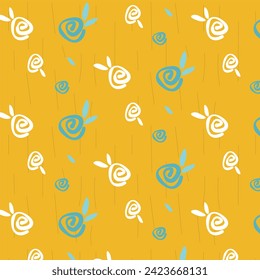 Abstract floral pattern on a yellow background. In the style of the 60s. Factory textiles.
