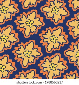 Abstract floral pattern. Orange flowers, on a dark blue background. Spots and lines. Vector pattern.