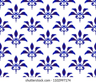 Abstract floral pattern ornament baroque and damask style, blue and white royal seamless background, porcelain backdrop for design ceramic, texture, wall, tile, paper and fabric, vector illustration
