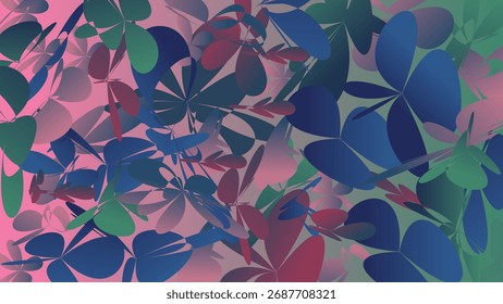 Abstract floral pattern with overlapping leaves in shades of blue green and pink creating a vibrant and organic texture