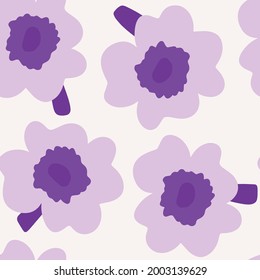 Abstract floral pattern, painted bright beautiful flowers on a delicate background. Seamless background. Children's illustration for print. Vector illustration. Purple flowers. Branches.