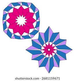 Abstract floral pattern. Pink and blue ornaments. Decorative flower symbols. Vector star illustrations. EPS 10.