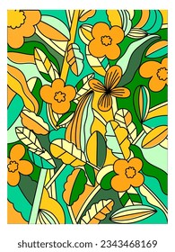 Abstract floral pattern, plants and flowers exotic hand drawn vector illustration. Exotic, colorful, ornament, motif design for fashion, fabric, wallpaper.