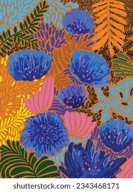 Resumen de patrones florales, plantas y flores ilustraciones exóticas de vectores dibujadas a mano. Exótico, colorido, adorno, diseño de motivos para la moda, tela, papel pintado.