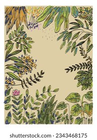 Abstract floral pattern, plants and flowers exotic hand drawn vector illustration. Exotic, colorful, ornament, motif design for fashion, fabric, wallpaper.