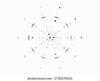 Abstract floral pattern with radiating lines and dots, minimalist design in monochromatic tones, evoking a sense of simplicity and elegance