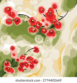 Abstract floral pattern with red berries and soft green tones, organic shapes create elegant seamless design for textile and wallpaper.
