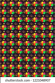 Abstract floral pattern with of red yellow and green and pink styled floral ornament on a black background. Vector illustration.