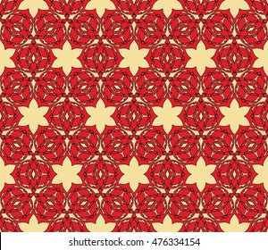 Abstract Floral pattern in Russian hohloma style. Red and golden color. Vector illustration. Geometry style. For your design, wallpaper, textile