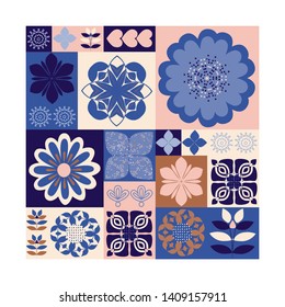 Abstract floral pattern, Scandinavian style, geometric arrangement of elements, blue and brown background, textile design, wallpaper, vector illustration