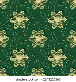 Abstract floral pattern. Seamless background. Light yellow ornament on a green background. Decoration for fabric, wallpaper, wrapping. Decorative print.