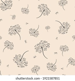 Resumen del patrón floral. Diseño inmejorable para interiores, tejidos, empaques, web. Flores minimalistas en un fondo beige. Patrón repetitivo de vectores de ramas vegetales.
