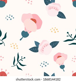 Resumen del patrón floral. Patrón sin foco con flores y hojas. Diseño para tela, textil, papel pintado, superficie, etc. Ilustración vectorial.
