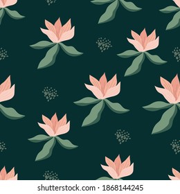 Resumen del patrón floral. Patrón sin foco con flores y hojas. Diseño para tela, textil, papel pintado, superficie, etc. Ilustración vectorial.