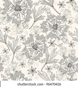 Abstract floral pattern. Seamless pattern with flowers and butterfly. Floral background.