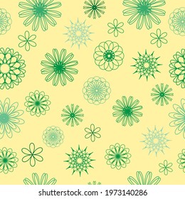 Abstract floral pattern. Seamless pattern of abstract green flowers on a yellow background. The vector is isolated.