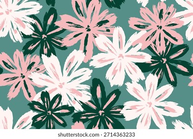 Patrón floral Abstractas sin fisuras pintadas a mano Formas de flores de pincel con pétalos blancos rosados audaces sobre fondo verde Diseño artístico moderno para el arte de la superficie del Fondo de pantalla de la tela textil.