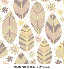 Abstract floral pattern. Seamless vector background with decorative leaves and flowers in pastel colors.