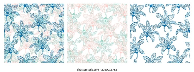 Abstract floral pattern. A set of seamless patterns with blooming lilies. Fashionable beautiful floral illustration. Botanical decorative flowers. Vector illustration for printing on fabric.